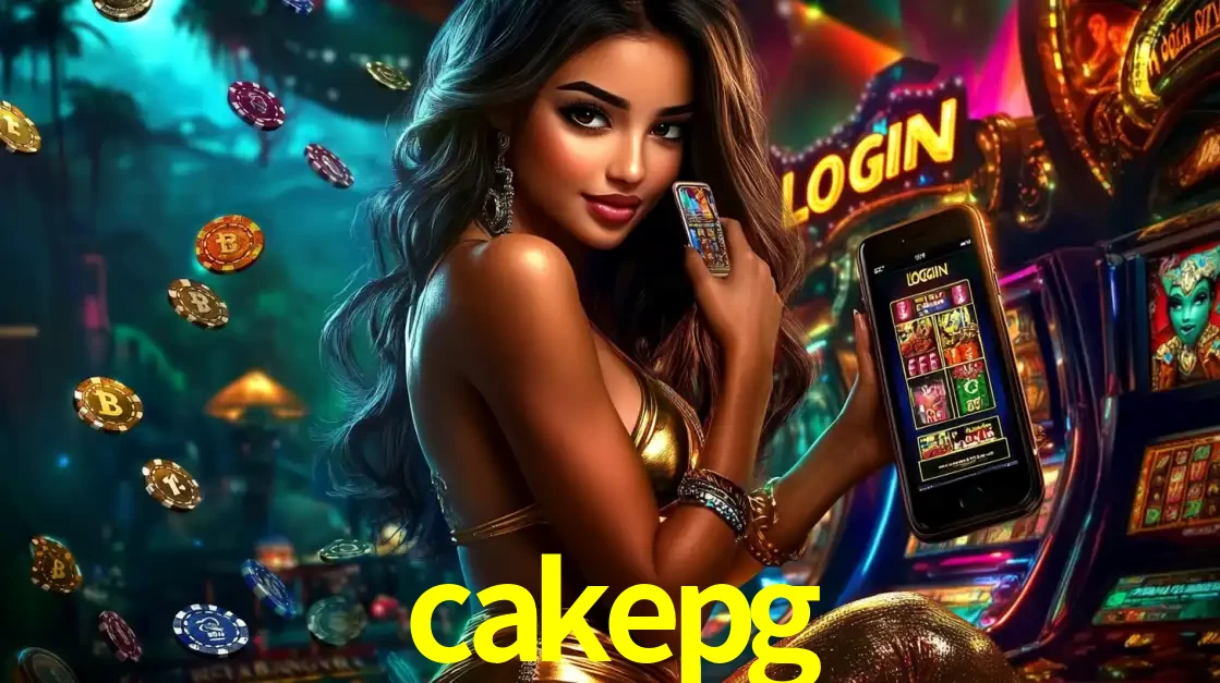 Mulher em um cenário de cassino temático de aventura, mostrando o app de caça-níqueis da cakepg no celular. Fichas de apostas flutuam ao redor.