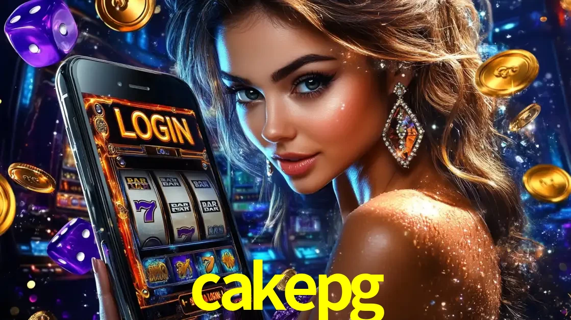Mulher glamorosa segurando um smartphone com a tela de login para os jogos de caça-níqueis do cassino online cakepg, com moedas de ouro e dados ao redor.